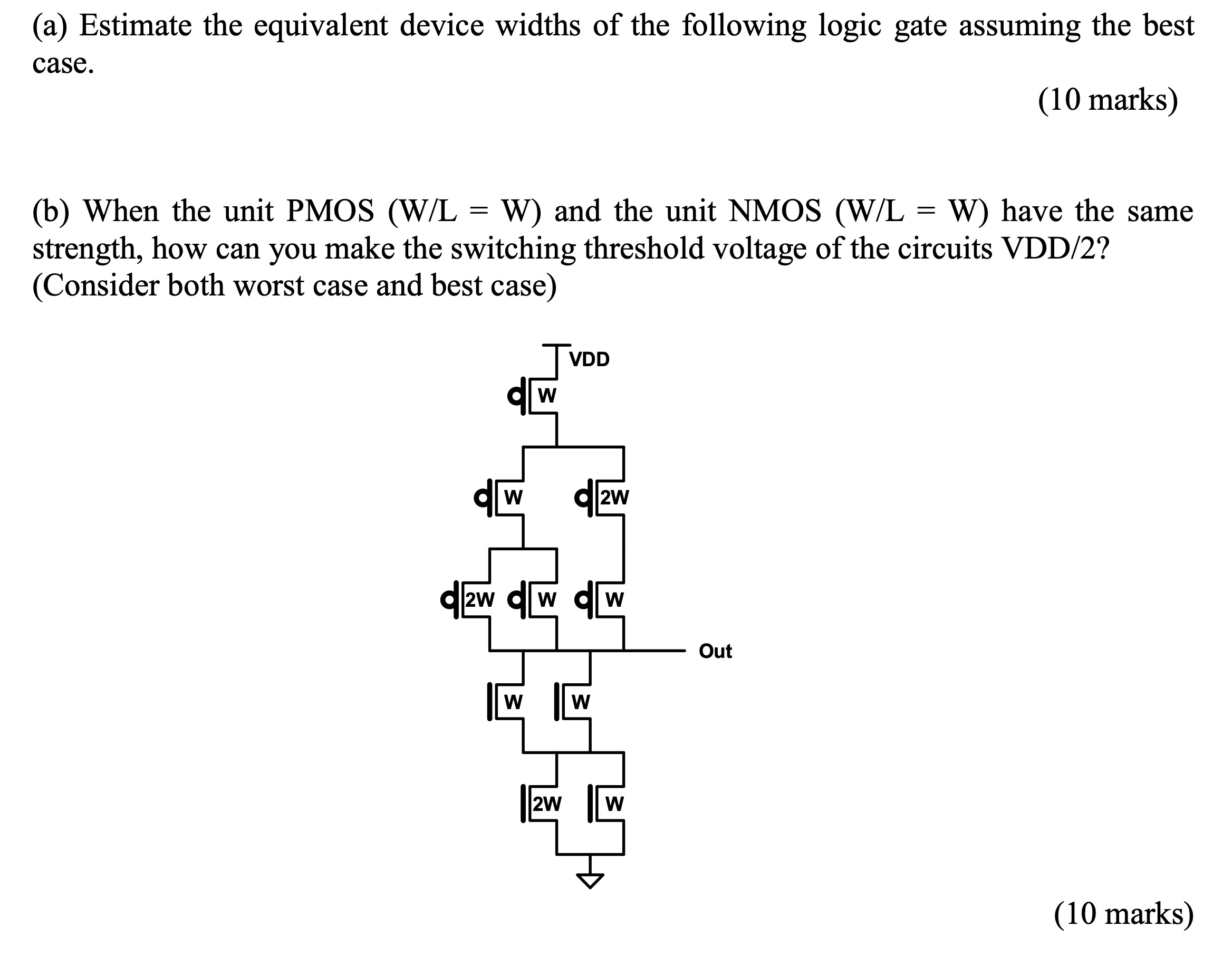 (a) Estimate the equivalent device widths of the following logic gate assuming the best case. (b) When the unit PMOS (W/L = W) and the unit NMOS (W/L = W) have the same strength, how can you make the switching threshold voltage of the circuits VDD/2? (Consider both worst case and best case)