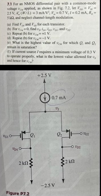 For an NMOS differential pair with a common-mode voltage vCM applied, as shown in Fig. 7.2, let VDD = VSS= 2.5 V, Kn