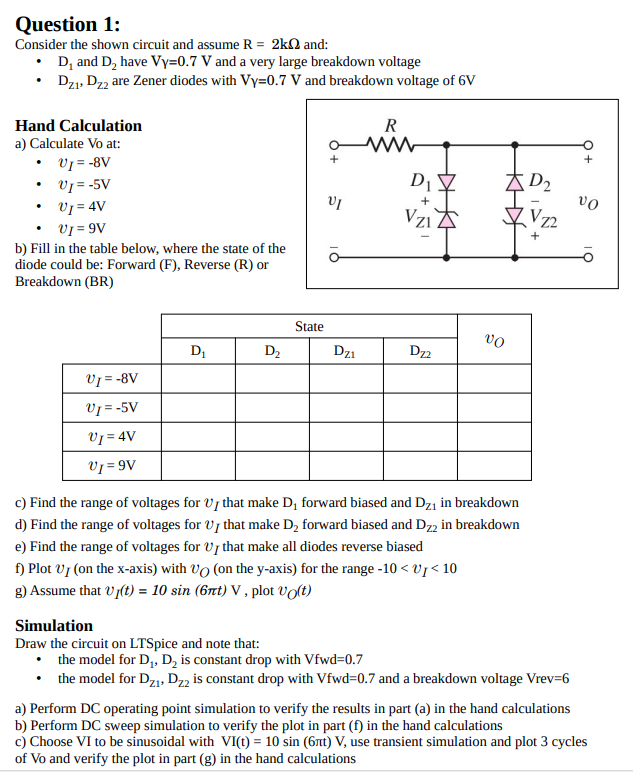 Consider the shown circuit and assume R = 2 kohm and: D1 and D2 have V = 0.7 V and a very large breakdown voltage  DZ1, DZ2 are Zener diodes with V = 0.7 V and breakdown voltage of 6 V Hand Calculation a) Calculate Vo at: vI = -8 V vI = -5 V vI = 4 V vI = 9 V b) Fill in the table below, where the state of the diode could be: Forward (F), Reverse (R) or Breakdown (BR) c) Find the range of voltages for vI that make D1 forward biased and DZ1 in breakdown d) Find the range of voltages for vI that make D2 forward biased and DZ2 in breakdown e) Find the range of voltages for vI that make all diodes reverse biased f) Plot vI (on the x-axis) with vO (on the y-axis) for the range ?10 < vI < 10 g) Assume that vI(t) = 10sin(6pit)V, plot vO(t). 
Simulation Draw the circuit on LTSpice and note that: the model for D1, D2 is constant drop with Vfwd = 0.7 the model for DZ1, DZ2 is constant drop with Vfwd = 0.7 and a breakdown voltage Vrev = 6 a) Perform DC operating point simulation to verify the results in pan (a) in the hand calculations b) Perform DC sweep simulation to verify the plot in part (f) in the hand calculations c) Choose VI to be sinusoidal with VI(t) = 10sin(6pit) V, use transient simulation and plot 3 cycles of Vo and verify the plot in part (g) in the hand calculations
