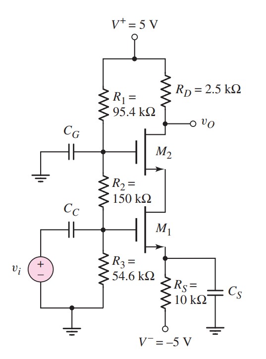 D4.72 For the cascode circuit in Figure 4.51 in the text, the transistor parameters are: VTN1 = VTN2 = 1 V, Kn1 = Kn2 = 2 mA/V2 , and lambda1 = lambda2 = 0. (a) Let RS = 1.2 kohm and R1 + R2 + R3 = 500 kohm. Design the circuit such that IDQ = 3 mA and VDSQ1 = VDSQ2 = 2.5 V. (b) Determine the small-signal voltage gain Av = vo/vi.