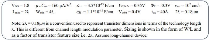 Given an NMOS transistor whose source terminal is connected to the ground, with acceptor concentration 1018 cm-3 in the body, compute a. the body coefficient b. the threshold voltage for VB = -0.11 V i.e. reverse body-bias (RBB) condition (1 point) c. the threshold voltage for VB = +0.11 V i.e. forward body-bias (FBB) condition.
Note: 2lambda = 0.18 um is a convention used to represent transistor dimensions in terms of the technology length lambda. This is different from channel length modulation parameter. Sizing is shown in the form of W/L and as a factor of transistor feature size i.e. 2lambda. Assume long-channel device.
