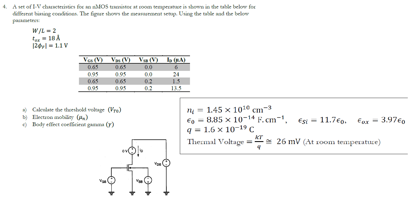 A set of I-V characteristics for an nMOS transistor at room temperature is shown in the table below for different biasing conditions. The figure shows the measurement setup. Using die table and the below parameters: W/L = 2 tox = 18 A |2phiF|= 1.1 V a) Calculate the threshold voltage (VT0) b) Electron mobility (un) c) Body effect coefficient gamma (y). 