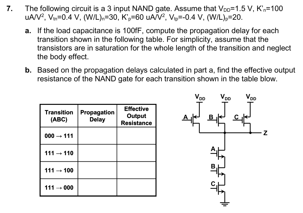 The following circuit is a 3 input NAND gate. Assume that VDD=1.5 V, K