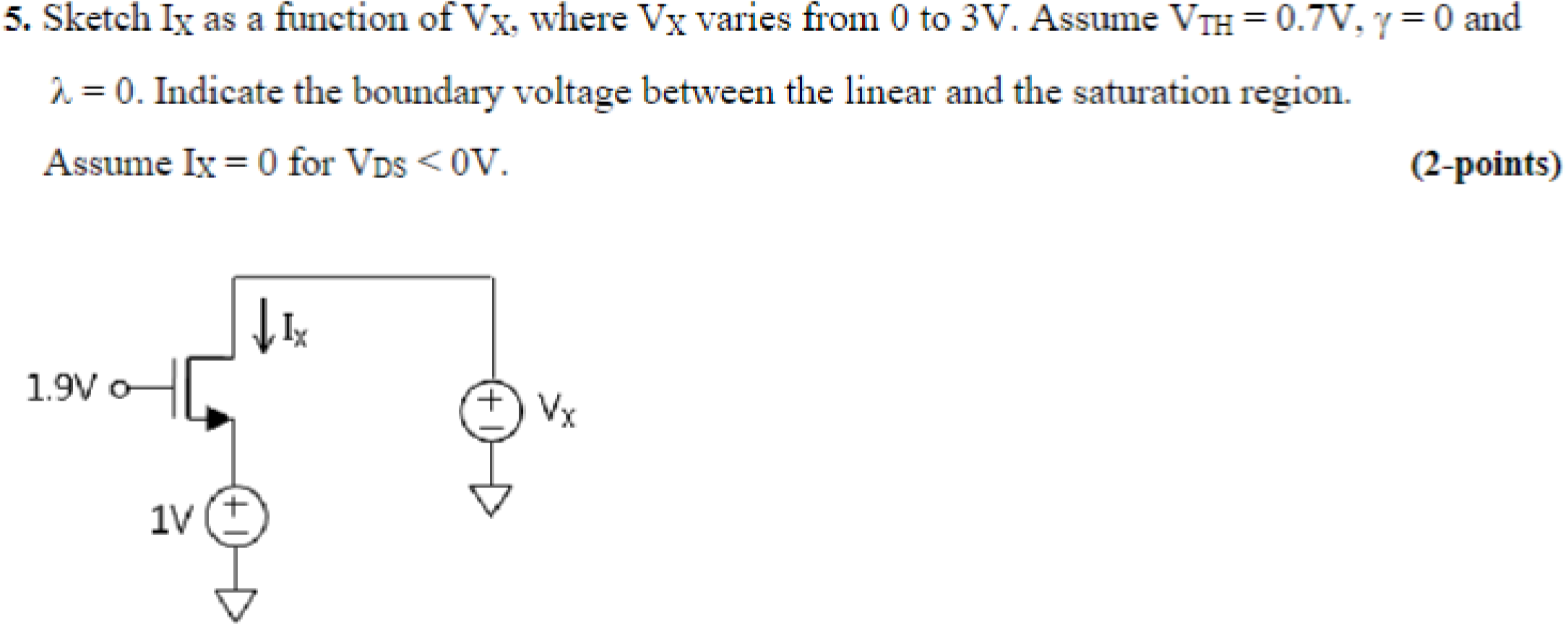 Sketch IX as a function of VX, where VX varies from 0 to 3V. Assume VTH = 0.7 V, gamma = 0 and lambda = 0. Indicate the boundary voltage between the linear and the saturation region. Assume IX =0  for VDS < 0 V.