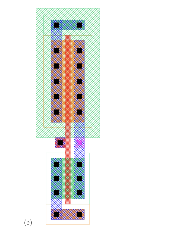 Given that the layout in (a) is a minimum sized inverter with minimum size nmos and pmos devices, identify the logic function and draw the equivalent transistor level schematics for each of the following layouts labelled (b) and (c). Include transistor sizes, inputs/outputs, Vdd, and Gnd labels. Hint: You should need a ruler to complete this question.