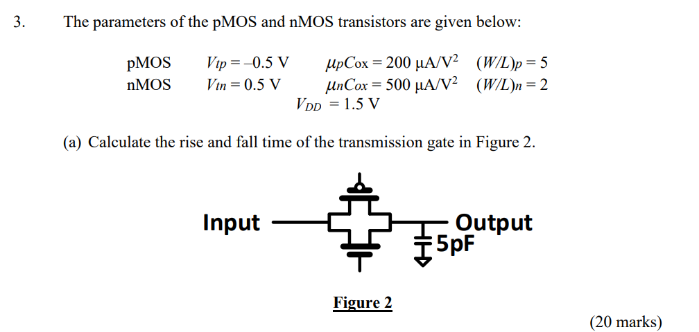(a) Calculate the rise and fall time of the transmission gate in Figure 2. (b) How can you make the rise and fall time of the transmission gate identical? 3. The parameters of the pMOS and nMOS transistors are given below: pMOS Vtp = -0.5 V Vtn = 0.5 V upCox = 200 uA/V2 (W/L)p=5 nMOS unCox = 500 uA/V2 (W/L)n=2 VDD = 1.5 V 