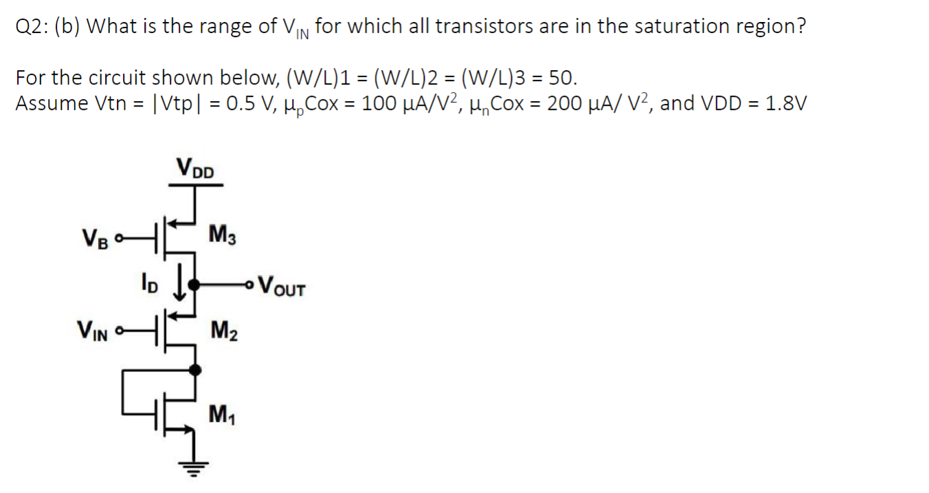What is the range of VIN for which all transistors are in the saturation region? For the circuit shown below, (W/L)1 = (W/L)2 = (W/L)3 = 50. Assume Vtn = |Vtp| = 0.5 V, upCox = 100 uA/V2, unCox = 200 uA/V2, and VDD = 1.8 V