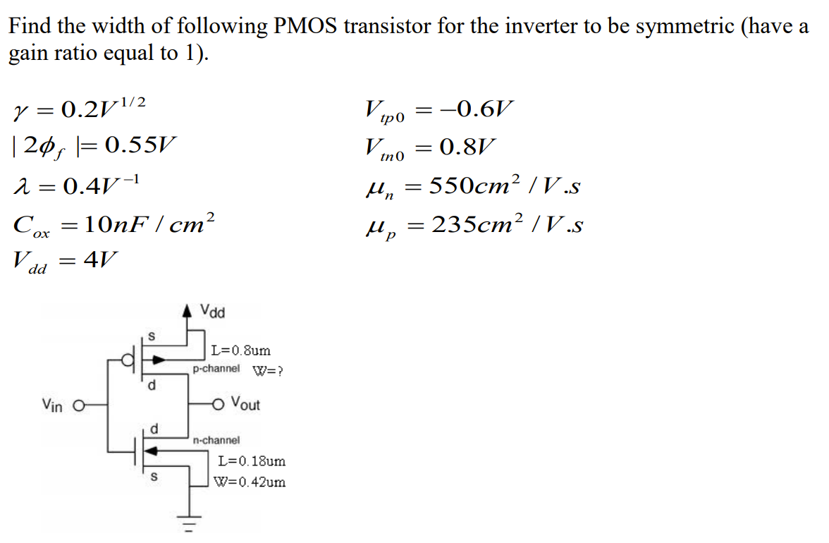 Find the width of following PMOS transistor for the inverter to be symmetric (have a gain ratio equal to 1)