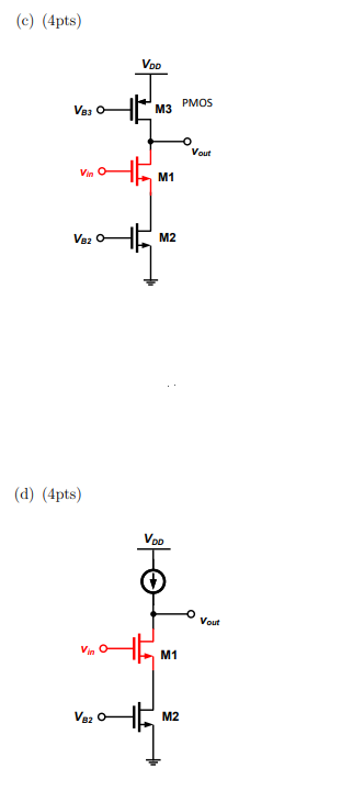 Find the small-signal gain expression of the following circuits. Express the answer in small-signal parameters. Assuming all transistors are in the saturation region. All voltages labeled with upper-case are just DC voltages, which should not be involved in the gain expression.