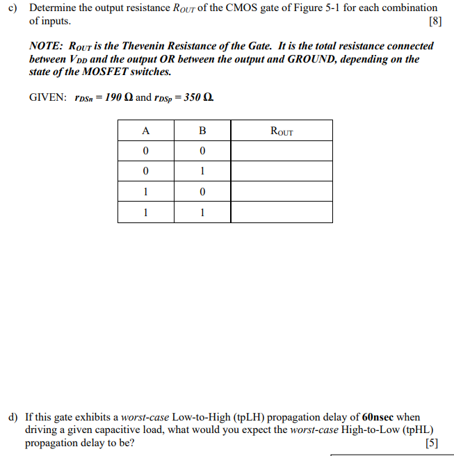 The circuit shown in Figure 5-1 is a CMOS logic gate of some type. NOTE: Alternative symbols! a) Fill in the table below showing the state of each MOSFET (ON or OFF) and the output voltage for each combination of input states. [10] If 0 V represents a logic low, and +5 V represents a logic high, what is the logic gate function of this circuit? [2] c) Determine the output resistance ROUT  of the CMOS gate of Figure 5-1 for each combination of inputs. [8] NOTE: ROUT is the Thevenin Resistance of the Gate. It is the total resistance connected between VDD and the output OR between the output and GROUND, depending on the state of the MOSFET switches. GIVEN : rDSn = 190 ohm and rDSp = 350 ohm d) If this gate exhibits a worst-case Low-to-High (tpLH) propagation delay of 60nsec when driving a given capacitive load, what would you expect the worst-case High-to-Low (tpHL) propagation delay to be?