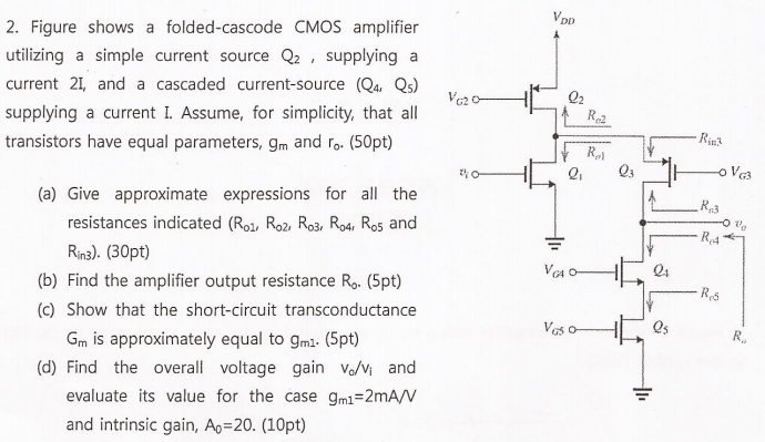 Figure shows a folded-cascode CMOS amplifier utilizing a simple current source Q2, supplying a current 2I, and a cascaded current-source (Q4, Q5) supplying a current I. Assume, for simplicity, that all transistors have equal parameters, gm and r0. (50pt) (a) Give approximate expressions for all the resistances indicated (Ro1, Ro2, Ro3, Ro4, Ro5 and Rin3) (b) Find the amplifier output resistance Ro. (5pt) (c) Show that the short-circuit transconductance Gm is approximately equal to gm1. (5pt) (d) Find the overall voltage gain vo/vi and evaluate its value for the case gm1 = 2 mA/V and intrinsic gain, A0 = 20.