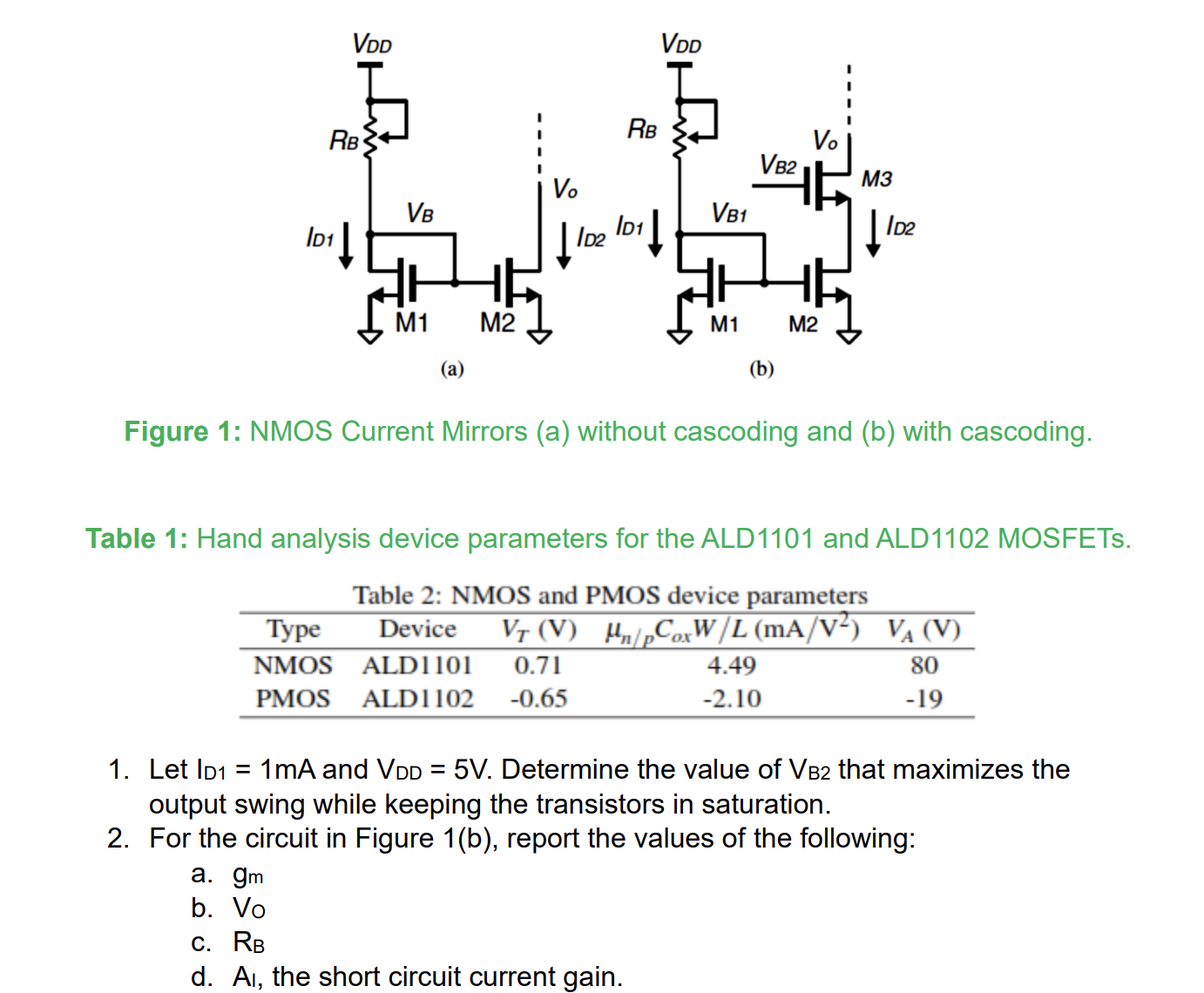 Let ID1 = 1 mA and VDD = 5 V. Determine the value of VB2 that maximizes the output swing while keeping the transistors in saturation. 2. For the circuit in Figure 1(b), report the values of the following: a. gm b. Vo c. RB d. AI , the short circuit current gain. Figure 1: NMOS Current Mirrors (a) without cascoding and (b) with cascoding. Table 1: Hand analysis device parameters for the ALD1101 and ALD1102 MOSFETs.