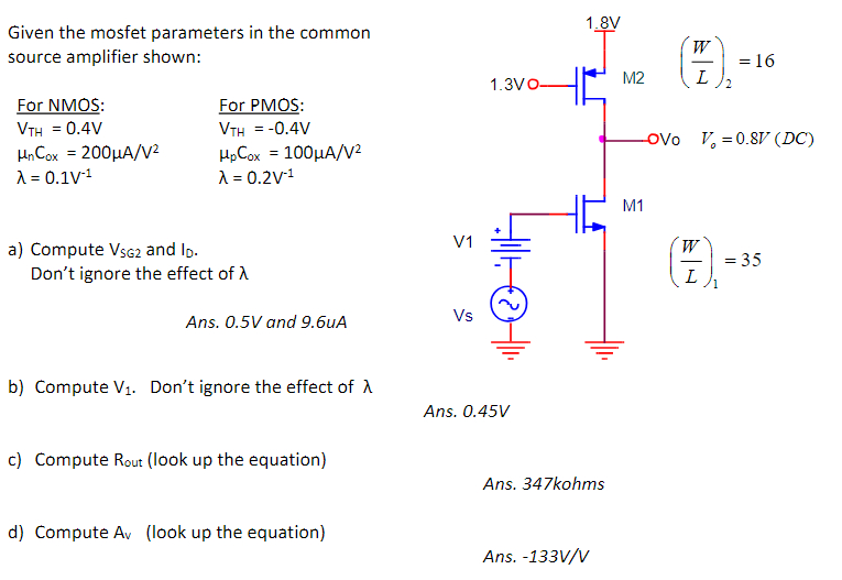 Given the mosfet parameters in the common source amplifier shown: For NMOS: For PMOS: VTH = 0.4V VTH = -0.4V unCox = 200uA/V2 upCox = 100uA/V2 = 0.1V-1 = 0.2V-1 a) Compute VSG2 and ID. Don't ignore the effect of Ans. 0.5V and 9.6uA b) Compute V1. Don't ignore the effect of Ans. 0.45V c) Compute Rout (look up the equation) Ans. 347kohms d) Compute Av, (look up the equation) Ans. -133V/V 