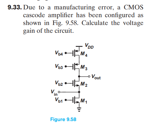 9.33. Due to a manufacturing error, a CMOS cascode amplifier has been configured as shown in Fig. 9.58. Calculate the voltage gain of the circuit. Figure 9.58