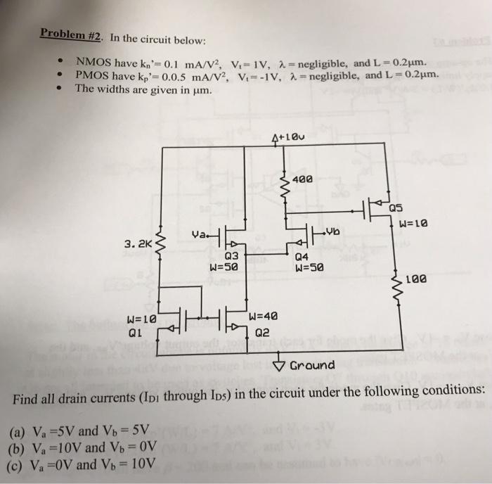  Find all drain currents ( ID1 through ID5 ) in the circuit under the following conditions: (a) Va =5  V and Vb = 5 V (b) Va = 10 V and Vb = 0 V (c) Va = 0 V and Vb = 10 V In the circuit below: - NMOS have kn