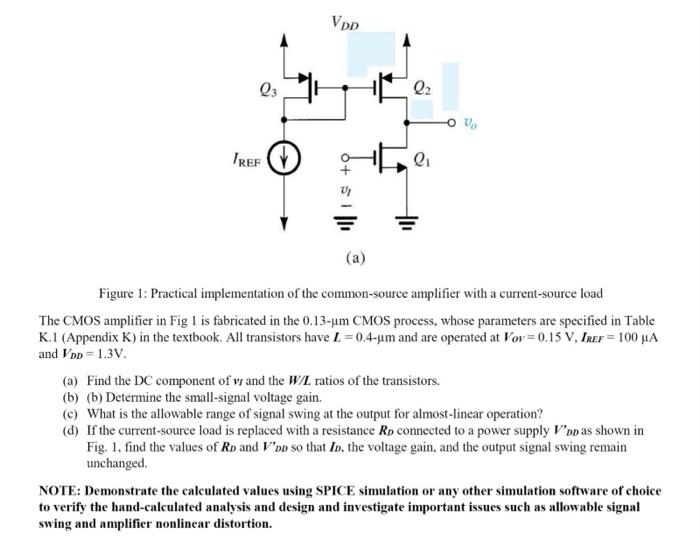 The CMOS amplifier in Fig 1 is fabricated in the 0.13-um CMOS process, whose parameters are specified in Table K.1 (Appendix K) in the textbook. All transistors have L = 0.4-um and are operated at Vov = 0.15 V,IREF = 100 uA and VDD = 1.3 V. (a) Find the DC component of vt and the W/L ratios of the transistors. (b) (b) Determine the small-signal voltage gain. (c) What is the allowable range of signal swing at the output for almost-linear operation? (d) If the current-source load is replaced with a resistance RD connected to a power supply V