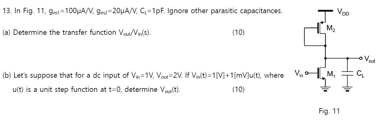 In Fig. 11, gm1 = 100uA/V, gm2 = 20uA/V, CL = 1pF. Ignore other parasitic capacitances. (a) Determine the transfer function Vout /Vin (s). (10) (b) Let's suppose that for a dc input of Vin = 1 V, Vout = 2 V. If Vin(t) = 1[V] + 1[mV]u(t), where u(t) is a unit step function at t = 0, determine Vout (t). (10)