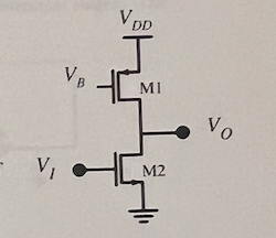 a) if the output voltage Vo = 2.5v, what is the drain current of M1? b)Find the DC input voltage VI that will result in an output voltage of 2.5 V. VDD = 5.0 V  Bias voltage VB = 3.8 V  VTN = ∣VTP∣ = 0.7 V  NMOS M2: (W/L)μnCox = 200 μA/V2  PMOS M1: (W/L)μpCox = 50 μAV2  λN = λP = 0.05 V−1