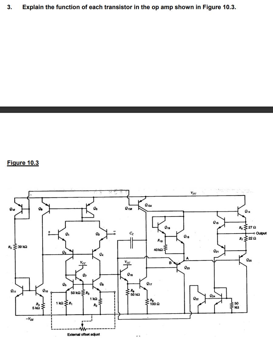 Explain the function of each transistor in the op amp shown in Figure 10.3.