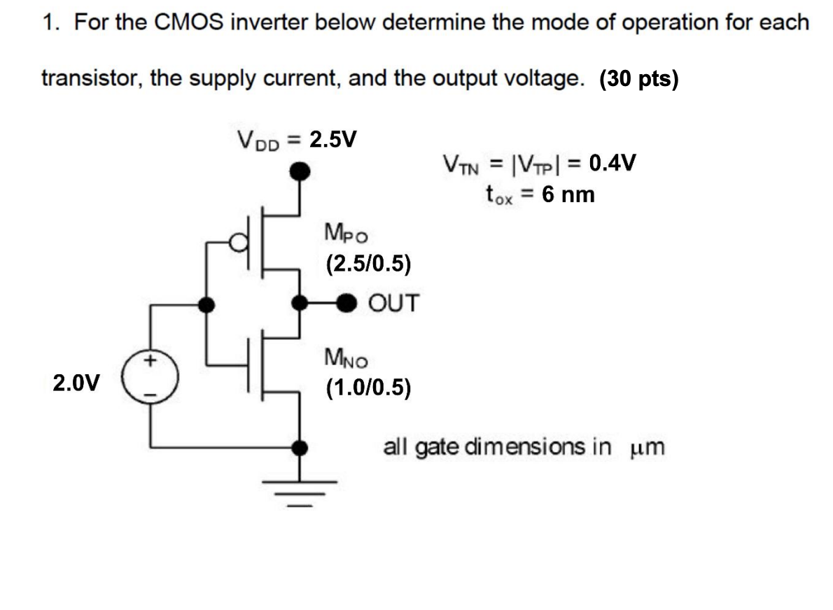 For the CMOS inverter below determine the mode of operation for each transistor, the supply current, and the output voltage.