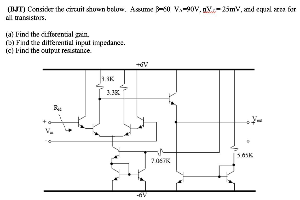 Assume β=60 VA=90V, nVT = 25mV, and equal area for all transistors. (a) Find the differential gain. (b) Find the differential input impedance. (c) Find the output resistance.