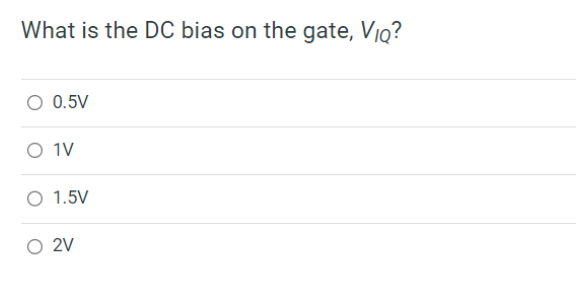 For the common source amplifier below, the n-channel MOSFET is biased in saturation with a quiescent DC drain current, IDQ, equal to 1 mA. What is the DC bias on the gate, VIQ? It the capacitor, C, is assumed to be very large, e.g., infinite, what is the voltage gain Av0=v0/vi? What is the output resistance of amplifier?