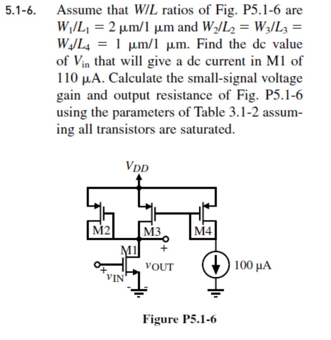 Assume that W/L ratios of Fig. P5.1-6 are W1/L1 = 2μm/1μm and W2/L2 = W3/L3 = W4/L4 = 1μm/1μm. Find the dc value of Vin  that will give a dc current in M1 of 110 μA. Calculate the small-signal voltage gain and output resistance of Fig. P5.1-6 using the parameters of Table 3.1-2 assuming all transistors are saturated.