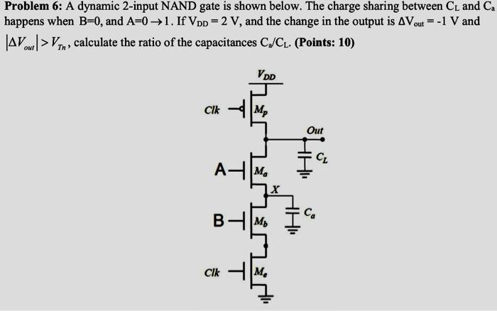 Problem 6: A dynamic 2-input NAND gate is shown below. The charge sharing between CL and Ca happens when B = 0, and A = 0→1. If VDD = 2 V, and the change in the output is ΔVout = −1 V and ∣ΔVout ∣ > VTn, calculate the ratio of the capacitances Ca/CL.