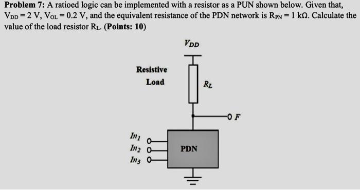 A ratioed logic can be implemented with a resistor as a PUN shown below. Given that, VDD = 2 V, VOL = 0.2 V, and the equivalent resistance of the PDN network is RPN = 1 kΩ. Calculate the value of the load resistor RL.