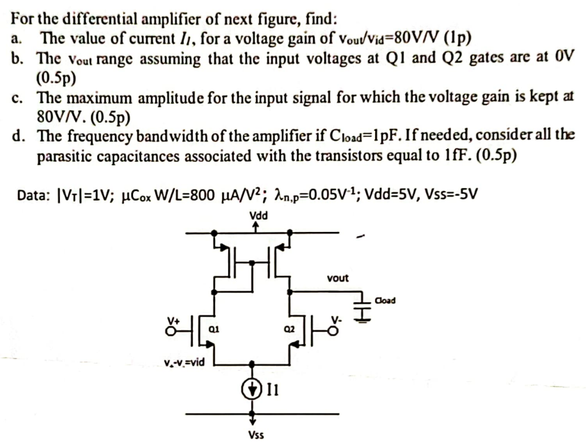 For the differential amplifier of next figure, find: a) The value of current I1, for a voltage gain of vout/vid  = 80 V/V (1p) b) The vout range assuming that the input voltages at Q1 and Q2 gates are at 0V (0.5p) c) The maximum amplitude for the input signal for which the voltage gain is kept at 80 V/V. (0.5p) d) The frequency bandwidth of the amplifier if Cload = 1pF. If needed, consider all the parasitic capacitances associated with the transistors equal to 1fF. (0.5p) Data: ∣VT∣ = 1V; μCoxW/L = 800 μA/V2; λn,p = 0.05 V−1; Vdd = 5 V, Vss = −5 V