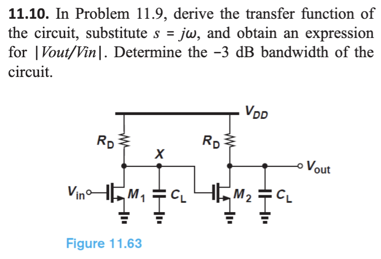 11.10.In Problem 11.9, derive the transfer function of the circuit, substitute s = jω, and obtain an expression for |Vout/Vin|. Determine the −3 dB bandwidth of the circuit.