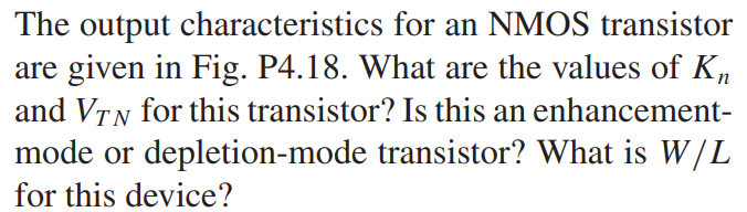 The output characteristics for an NMOS transistor are given in Fig. P4.18. What are the values of Kn and VTN for this transistor? Is this an enhancement-mode or depletion-mode transistor? What is W/L for this device?