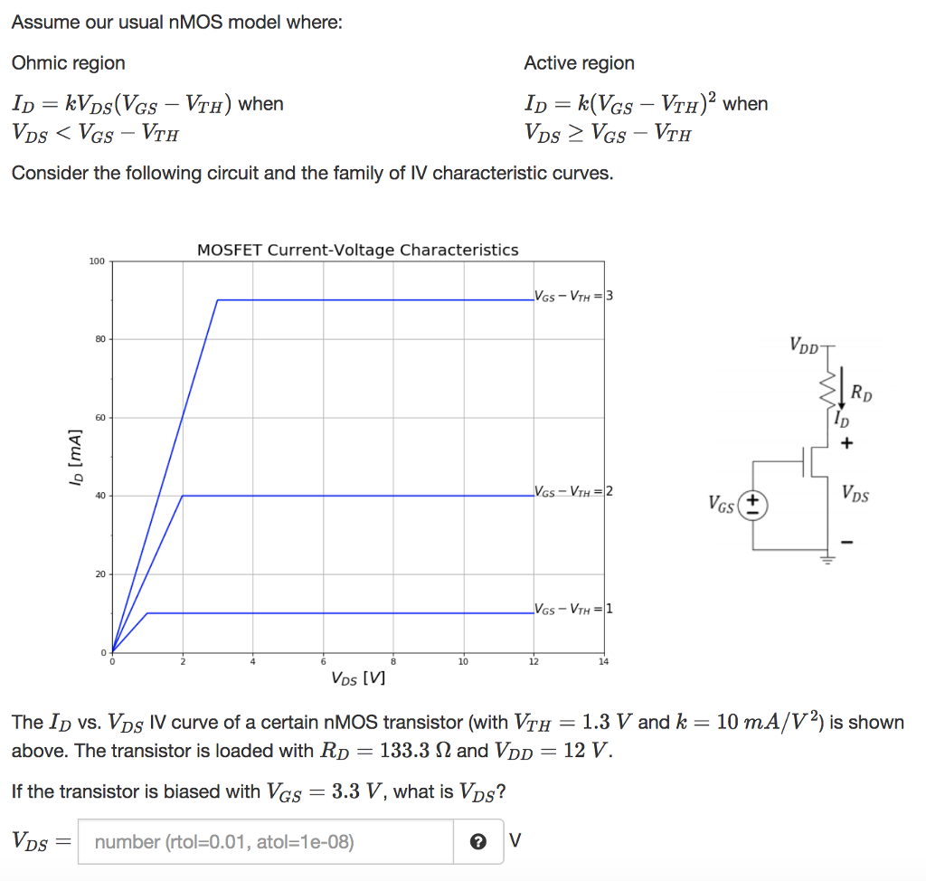 Consider the following circuit and the family of IV characteristic curves. The ID vs. VDs IV curve of a certain nMOS transistor (with VTH = 1.3 V and k = 10 mA/V2) is shown 12 V above. The transistor is loaded with RD = 133.3 Ω and VDD If the transistor is biased with VGS = 3.3 V, what is VDS?