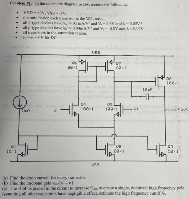 In the schematic diagram below, assume the following: VDD = +3 V, VSS = −3 V. the ratio beside each transistor is the W/L ratio, all n-type devices have kn’ = 0.1 mA/V2 and Vt = 0.6 V and λ = 0.05 V−1, all p-type devices have kp′ = 0.04 mA/V2 and Vt = −0.8 V and λ = 0.04 V−1. all transistors in the saturation region. v+ = v- = 0 V for DC. (a) Find the drain current for every transistor. (b) Find the midband gain vout/(v+ − v−) (c) The 10pF is placed in the circuit to increase Cgd to create a single, dominant high frequency pole. Assuming all other capacitors have negligible effect, estimate the high frequency cutoff fH.