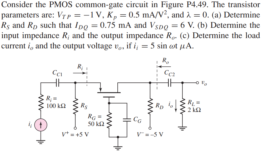 Consider the PMOS common-gate circuit in Figure P4.49. The transistor parameters are: VTP = −1 V, Kp = 0.5 mA/V2, and λ = 0. (a) Determine RS and RD such that IDQ = 0.75 mA and VSDQ = 6 V. (b) Determine the input impedance Ri and the output impedance Ro. (c) Determine the load current io and the output voltage vo, if ii = 5 sin ωt μA.
