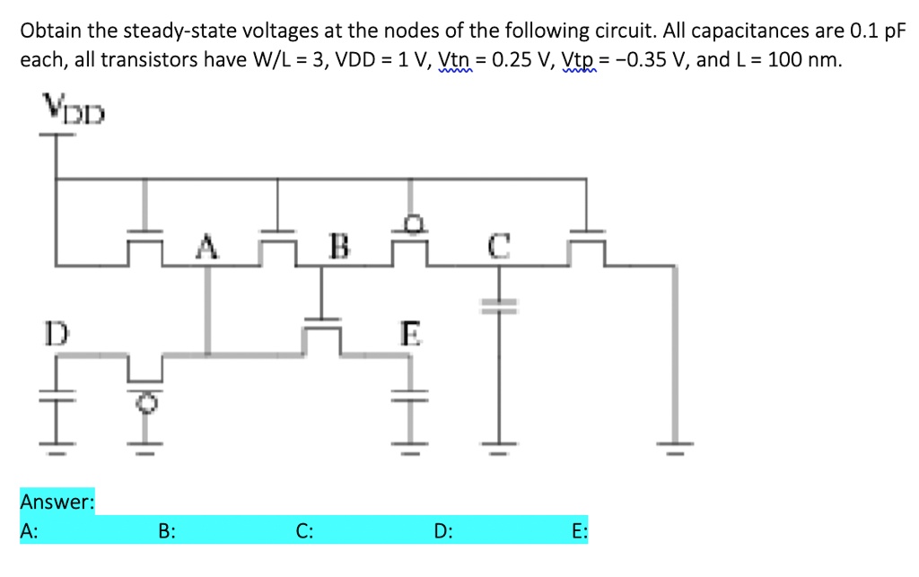 Obtain the steady-state voltages at the nodes of the following circuit. All capacitances are 0.1pF each, all transistors have W/L = 3, VDD = 1 , Vtn = 0.25 V, Vtp = −0.35 V, and L = 100 nm.