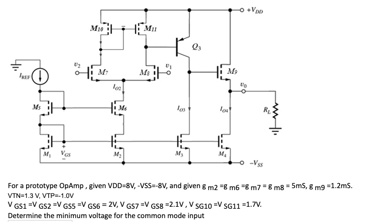 For a prototype OpAmp, given VDD = 8 V, -VSS = -8 V, and given gm2 = gm6 = gm7 = gm8 = 5mS, gmg = 1.2mS. VTN = 1.3 V, VTP = -1.0 V VGS1 = VGS2 = VGS5 = VGS6 = 2 V, VGS7 = VGS8 = 2.1 V, VSG10 = VSG11 = 1.7 V. Determine the minimum voltage for the common mode input