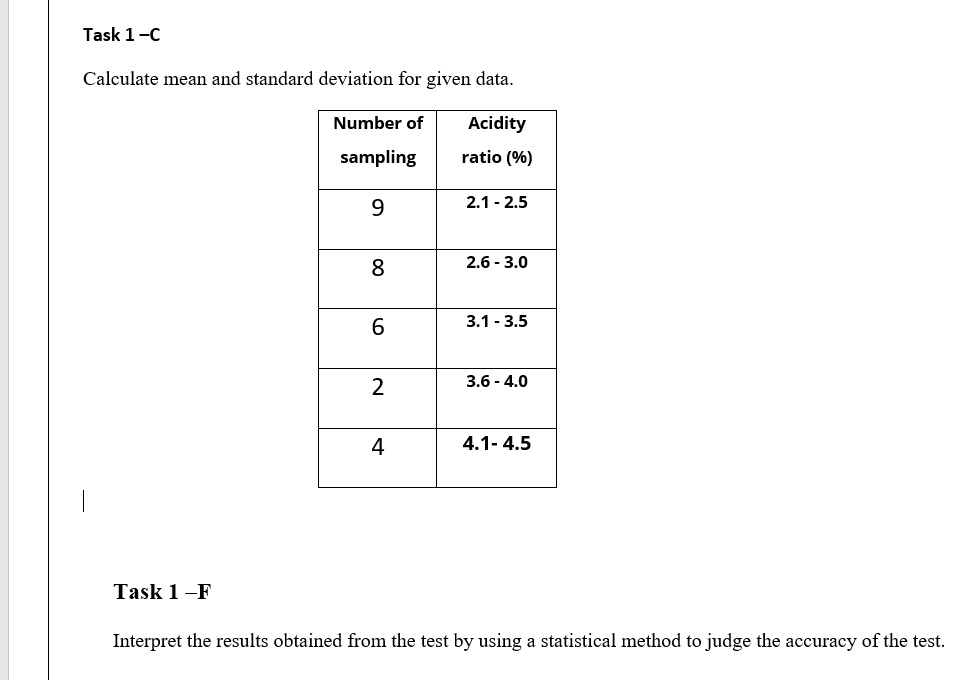 Task 1-C Calculate mean and standard deviation for given data. Task 1-F Interpret the results obtained from the test by using a statistical method to judge the accuracy of test.