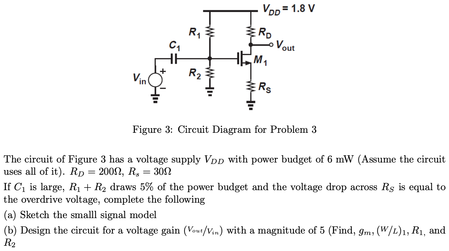 The circuit of Figure 3 has a voltage supply VDD with power budget of 6 mW (Assume the circuit uses all of it). RD = 200Ω, Rs = 30Ω If C1 is large, R1+R2 draws 5% of the power budget and the voltage drop across RS is equal to the overdrive voltage, complete the following (a) Sketch the smalll signal model (b) Design the circuit for a voltage gain (Vout/Vin ) with a magnitude of 5 (Find, gm, (W/L)1, R1, and R2