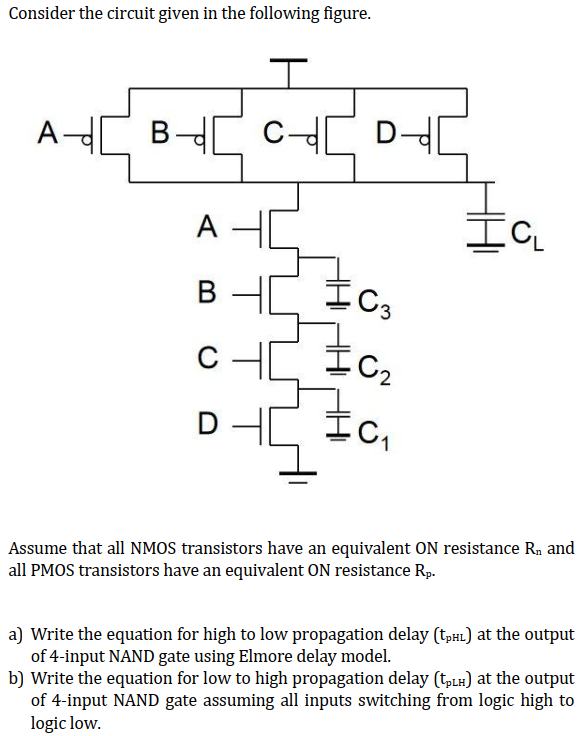 Consider the circuit given in the following figure. Assume that all NMOS transistors have an equivalent ON resistance Rn and all PMOS transistors have an equivalent ON resistance Rp. a) Write the equation for high to low propagation delay (tpHL) at the output of 4-input NAND gate using Elmore delay model. b) Write the equation for low to high propagation delay (tpLH) at the output of 4-input NAND gate assuming all inputs switching from logic high to logic low.