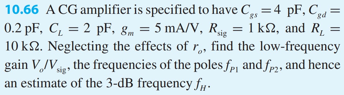 A CG amplifier is specified to have Cgs = 4 pF, Cgd = 0.2 pF, CL = 2 pF, gm = 5 mA/V, Rsig = 1 kΩ, and RL = 10 kΩ. Neglecting the effects of ro, find the low-frequency gain Vo/Vsig, the frequencies of the poles fP1 and fP2, and hence an estimate of the 3-dB frequency fH.