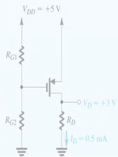 Design the circuit of figure below, so that the transistor operates in Saturation with Id = 0.5 mA and Vd = +3 V Let the NMOS transistor have Vt = 1 V and kn’(W/L) = 1.5 mA/V2 assume x = 0. What is the largest value that RD can have while maintaining Saturation region operation? Calculate Vgs and Vs for the parameter value given.