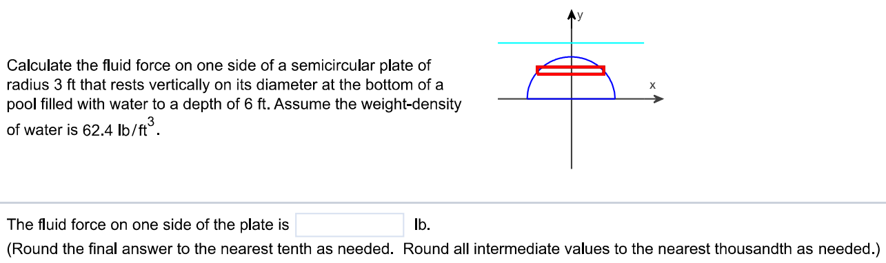 Calculate the fluid force on one side of a semicircular plate of radius 3 ft that rests vertically on its diameter at the bottom of a pool filled with water to a depth of 6ft. Assume the weight-density of water is 62.4 lb/ft3. The fluid force on one side of the plate is Ib. (Round the final answer to the nearest tenth as needed. Round all intermediate values to the nearest thousandth as needed.)