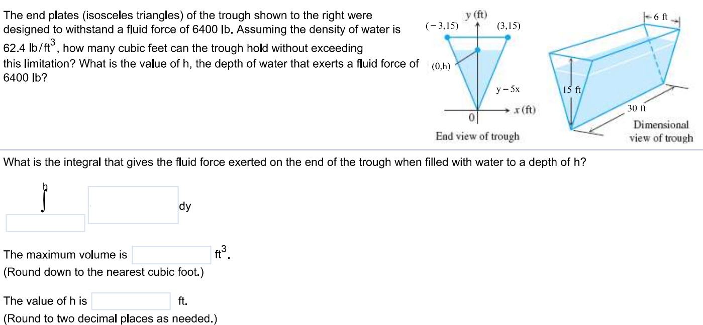 The end plates (isosceles triangles) of the trough shown to the right were designed to withstand a fluid force of 6400 lb. Assuming the density of water is 62.4 lb/ft3 , how many cubic feet can the trough hold without exceeding this limitation? What is the value of h, the depth of water that exerts a fluid force of 6400 lb? What is the integral that gives the fluid force exerted on the end of the trough when filled with water to a depth of h? The maximum volume is ft3. (Round down to the nearest cubic foot.) The value of h is ft. (Round to two decimal places as needed.)