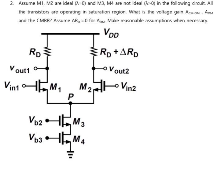 Assume M1, M2 are ideal (λ = 0) and M3, M4 are not ideal (λ > 0) in the following circuit. All the transistors are operating in saturation region. What is the voltage gain ACM-DM, ADM and the CMRR? Assume ΔRD ≈ 0 for ADM. Make reasonable assumptions when necessary.