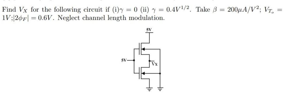 Find VX for the following circuit if (i) γ = 0 (ii) γ = 0.4V1/2 . Take β = 200 μA/V2; VTo = 1V; |2ϕF| = 0.6 V. Neglect channel length modulation.