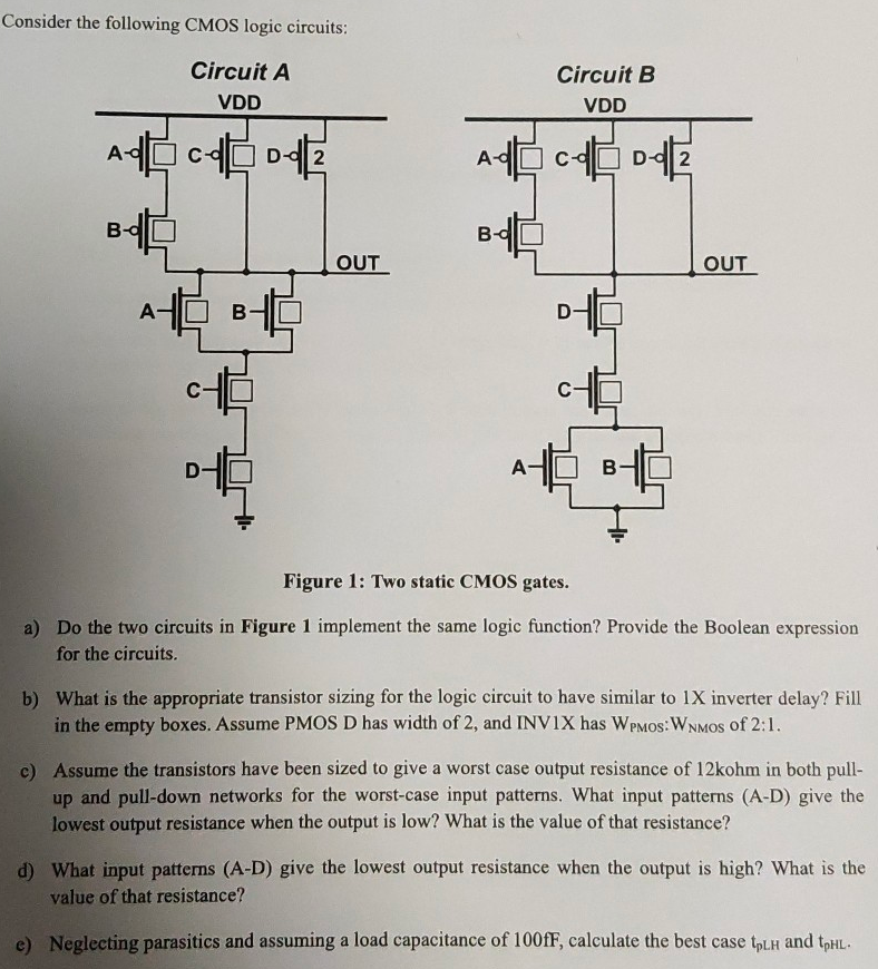 a) Do the two circuits in Figure 1 implement the same logic function? Provide the Boolean expression for the circuits. b) What is the appropriate transistor sizing for the logic circuit to have similar to 1X inverter delay? Fill in the empty boxes. Assume PMOS D has width of 2, and INV1X has WPMOS:WNMOS of 2:1. c) Assume the transistors have been sized to give a worst case output resistance of 12 kohm in both pull-up and pull-down networks for the worst-case input patterns. What input patterns (A-D) give the lowest output resistance when the output is low? What is the value of that resistance? d) What input patterns (A-D) give the lowest output resistance when the output is high? What is the value of that resistance? e) Neglecting parasitics and assuming a load capacitance of 100 fF, calculate the best case tpLH and tpHL.