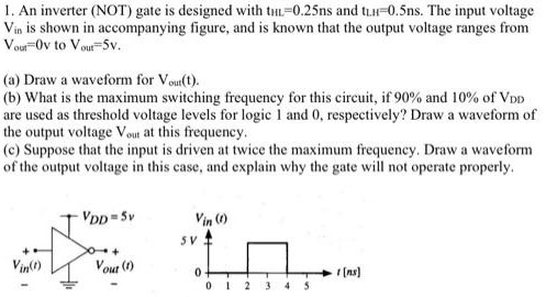 An inverter (NOT) gate is designed with tHL = 0.25 ns and tLH = 0.5 ns. The input voltage Vin is shown in accompanying figure, and is known that the output voltage ranges from Vout = 0v to Vout = 5 v. (a) Draw a waveform for Vout (t). (b) What is the maximum switching frequency for this circuit, if 90% and 10% of VDD are used as threshold voltage levels for logic 1 and 0, respectively? Draw a waveform of the output voltage Vout at this frequency. (c) Suppose that the input is driven at twice the maximum frequency. Draw a waveform of the output voltage in this case, and explain why the gate will not operate properly.