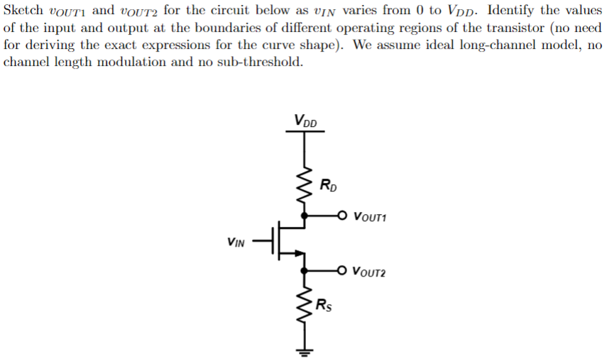 Sketch vOUT1 and vOUT2 for the circuit below as vIN varies from 0 to VDD. Identify the values of the input and output at the boundaries of different operating regions of the transistor (no need for deriving the exact expressions for the curve shape). We assume ideal long-channel model, no channel length modulation and no sub-threshold.