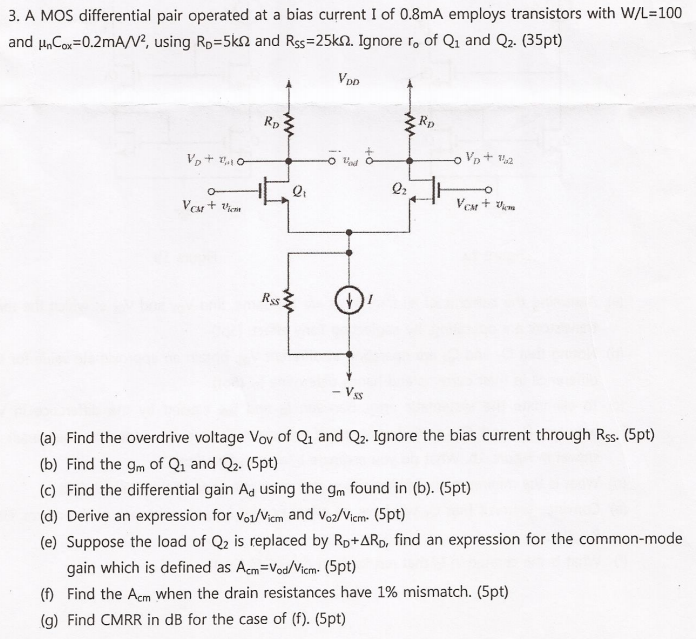 A MOS differential pair operated at a bias current I of 0.8 mA employs transistors with W/L = 100 and μnCox = 0.2 mA/V2, using RD = 5 kΩ and Rss = 25 kΩ. Ignore ro of Q1 and Q2. (a) Find the overdrive voltage Vov of Q1 and Q2. Ignore the bias current through Rss. (b) Find the gm of Q1 and Q2. (c) Find the differential gain Ad using the gm found in (b). (d) Derive an expression for vo1/vicm and vo2/vicm. (e) Suppose the load of Q2 is replaced by RD+ΔRD, find an expression for the common-mode gain which is defined as Acm = vod/Vicm. (f) Find the Acm when the drain resistances have 1% mismatch. (  (g) Find CMRR in dB for the case of (f).